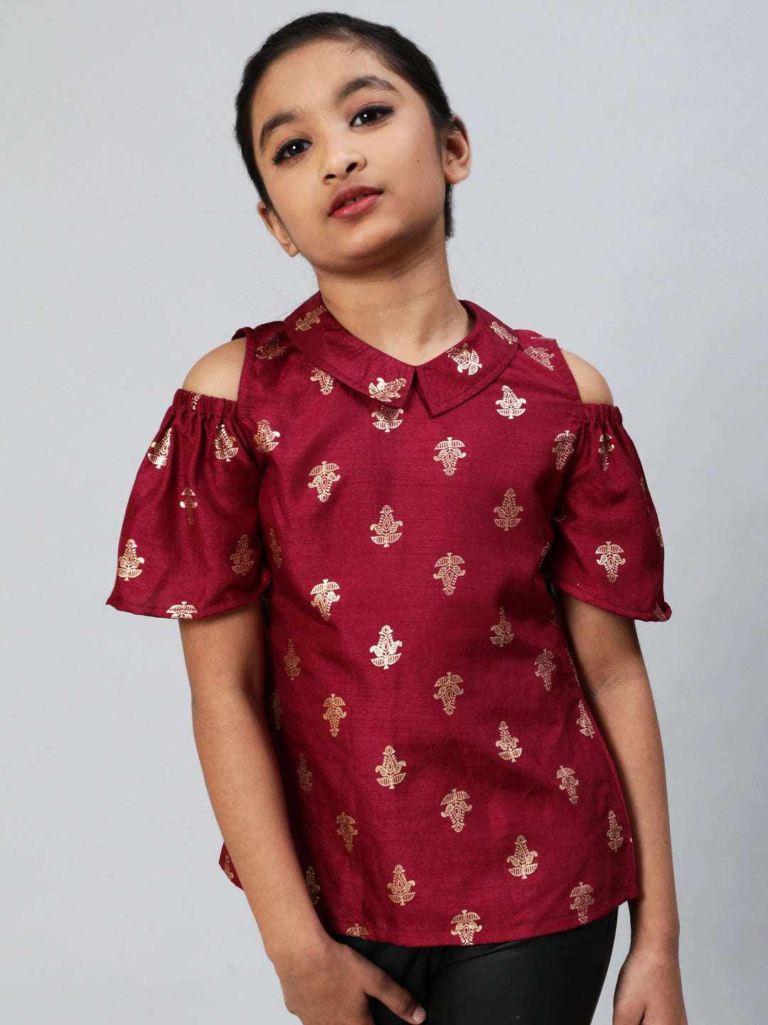 Burgundy Foil Printed Cold Shoulder Top