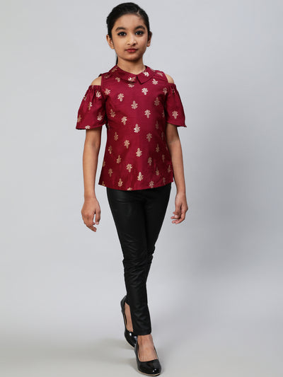 Burgundy Foil Printed Cold Shoulder Top