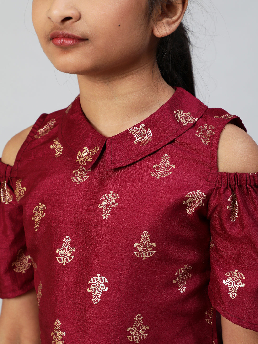 Burgundy Foil Printed Cold Shoulder Top