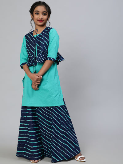 Blue Leheriya Print Kurta Skirt With Jacket