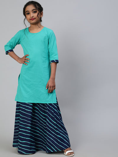 Blue Leheriya Print Kurta Skirt With Jacket