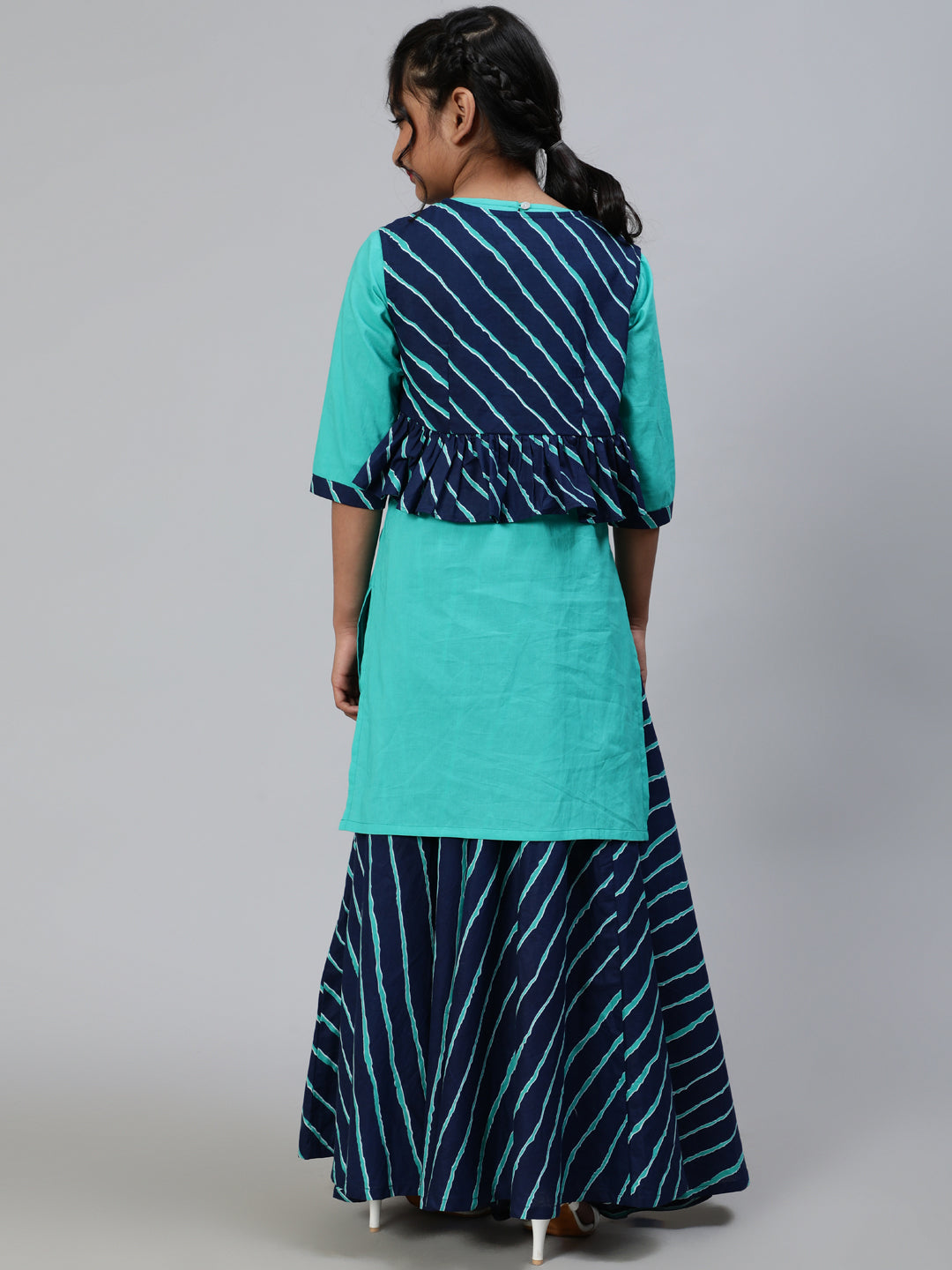 Blue Leheriya Print Kurta Skirt With Jacket