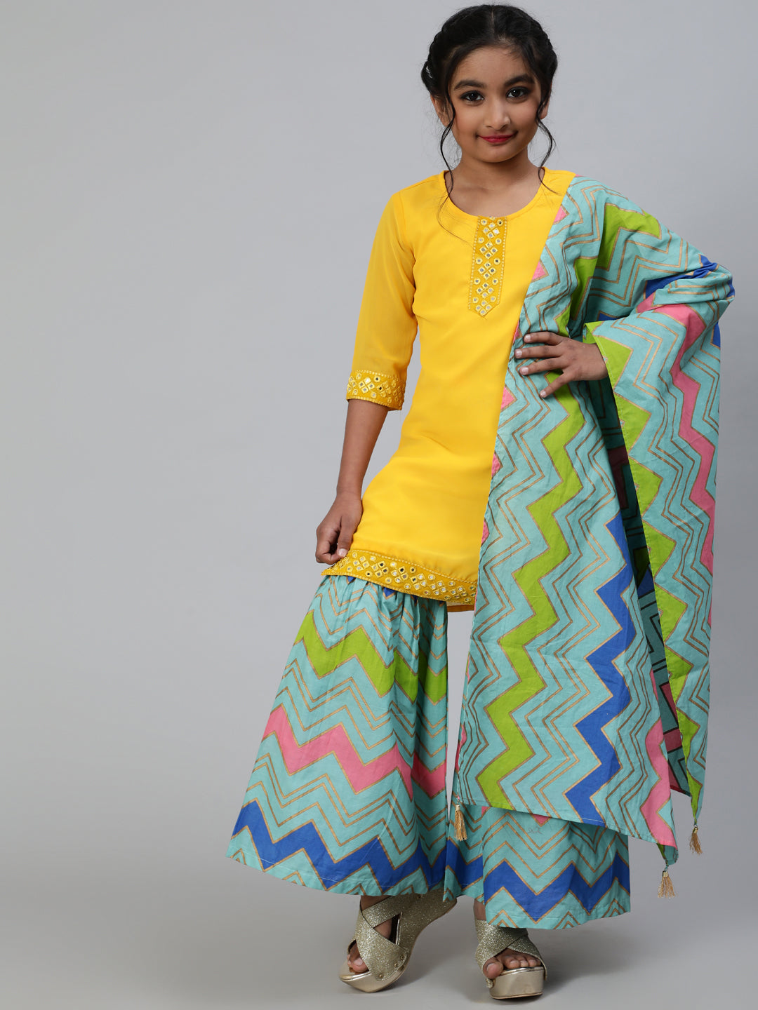 Yellow Leheriya Print Kurta Sharara With Dupatta