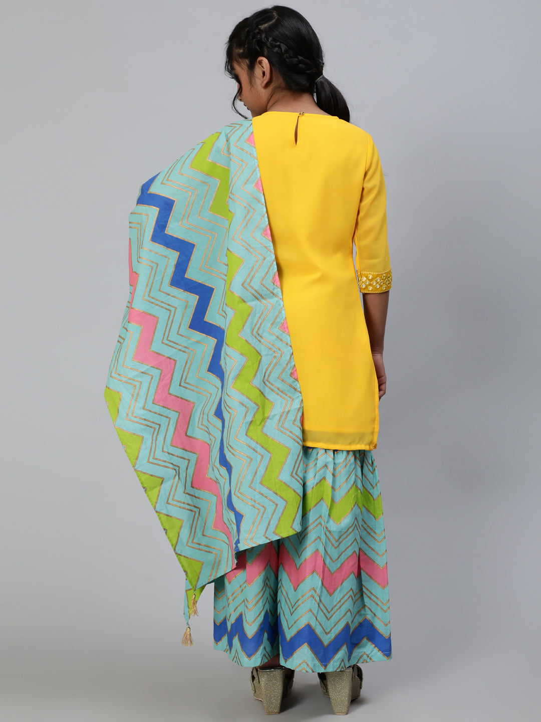 Yellow Leheriya Print Kurta Sharara With Dupatta