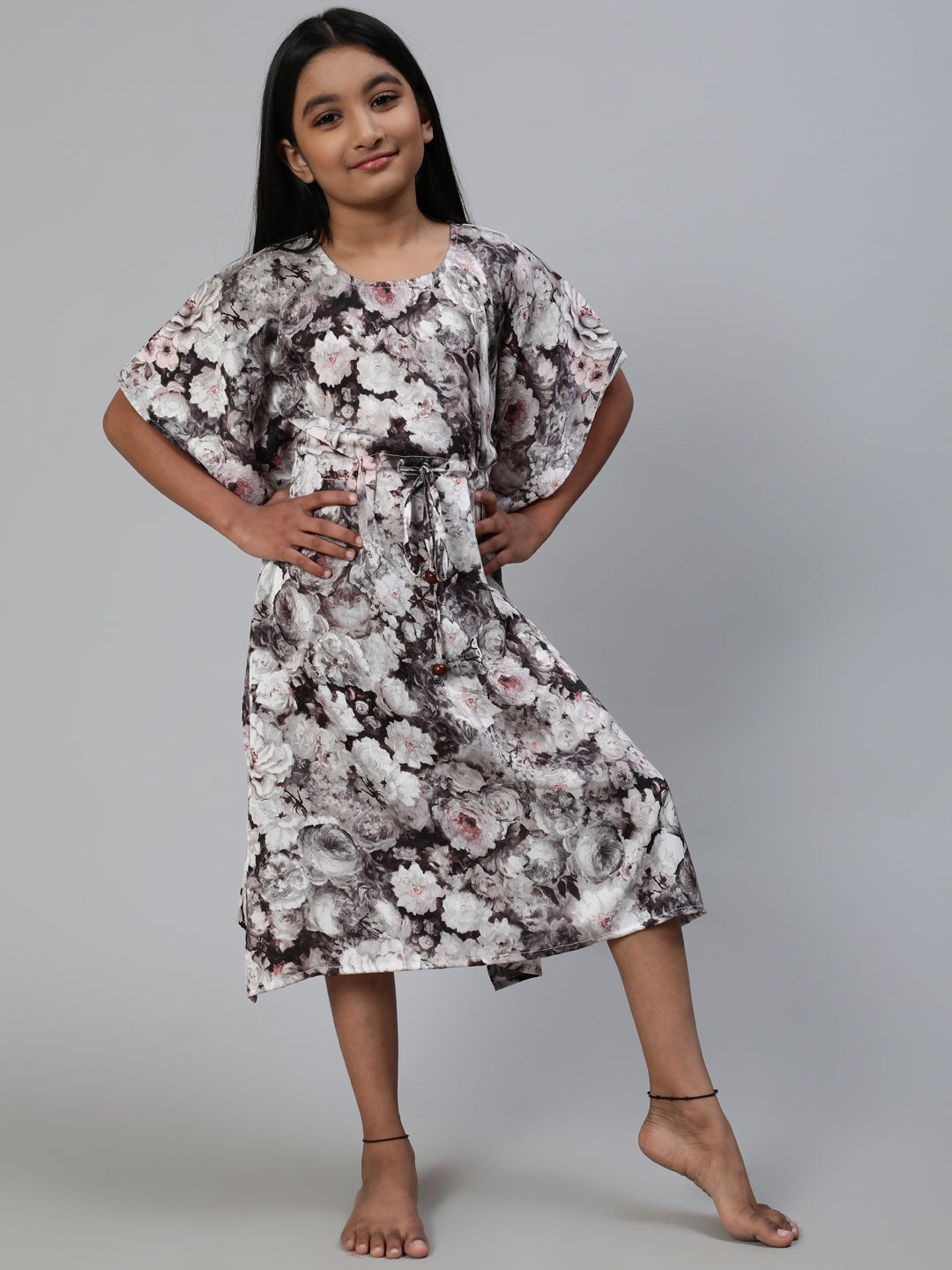 White Floral Print Kaftan Dress