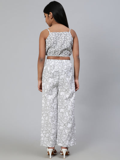 White Floral Print Crop Top With Palazzo