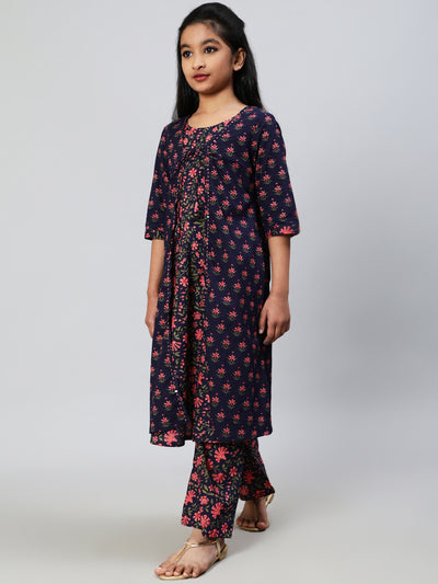 Blue Floral Print Double Layered Kurta With Palazzo