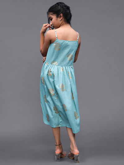 Pastel Blue Foil Printed Gathered Dress