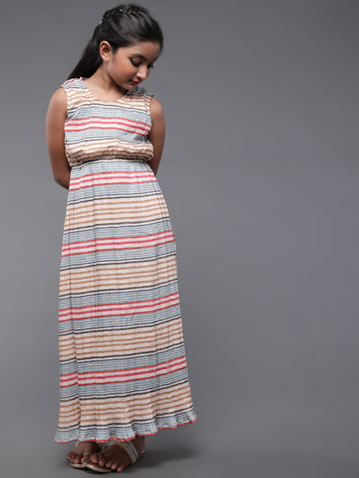 Beige Striped Pleated Maxi Dress