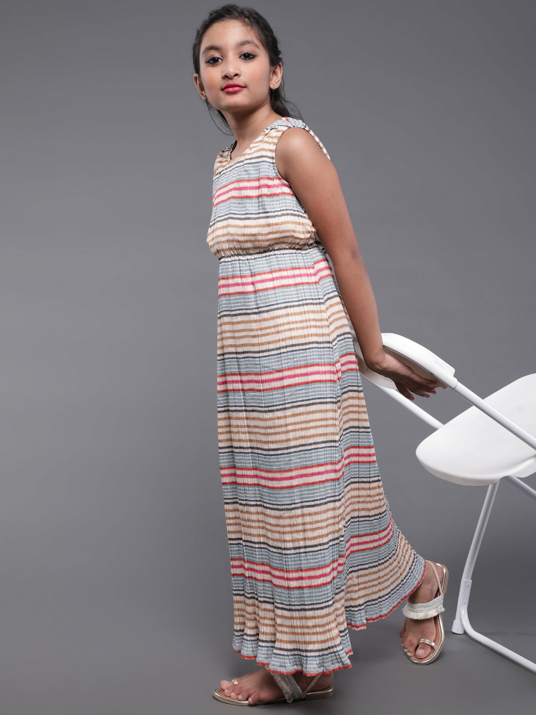 Beige Striped Pleated Maxi Dress