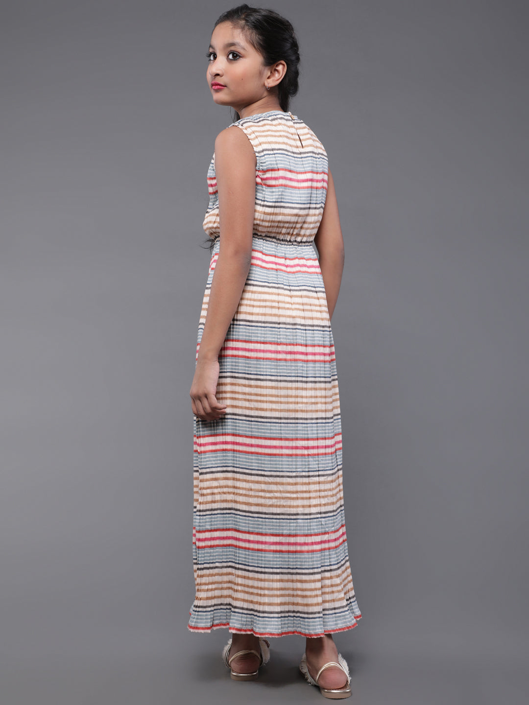 Beige Striped Pleated Maxi Dress