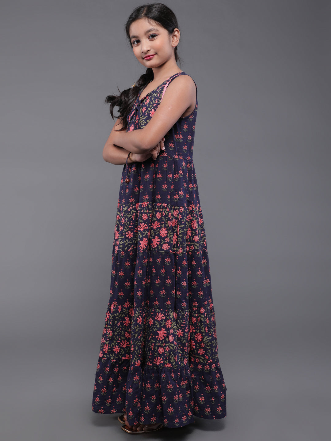 Blue Floral Print Flared Maxi Dress