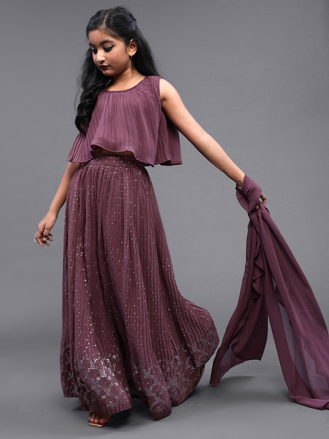 Mauve Pleated Lehenga Choli With Dupatta