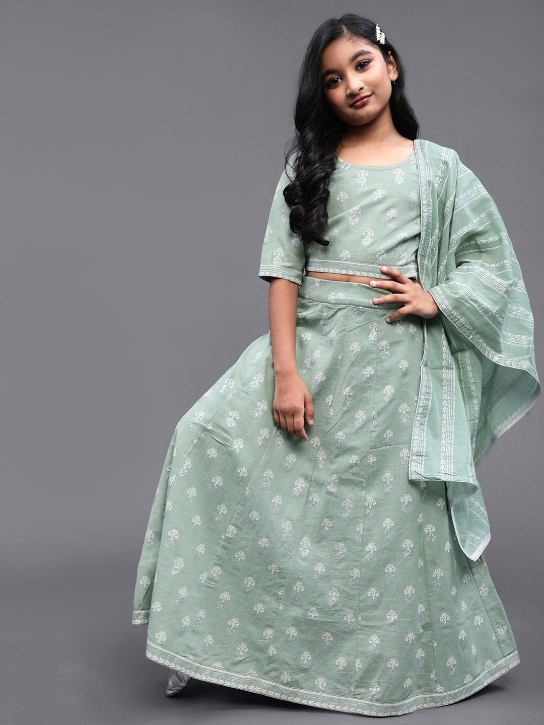 Pastel Green Khari Print Lehenga Choli With Dupatta