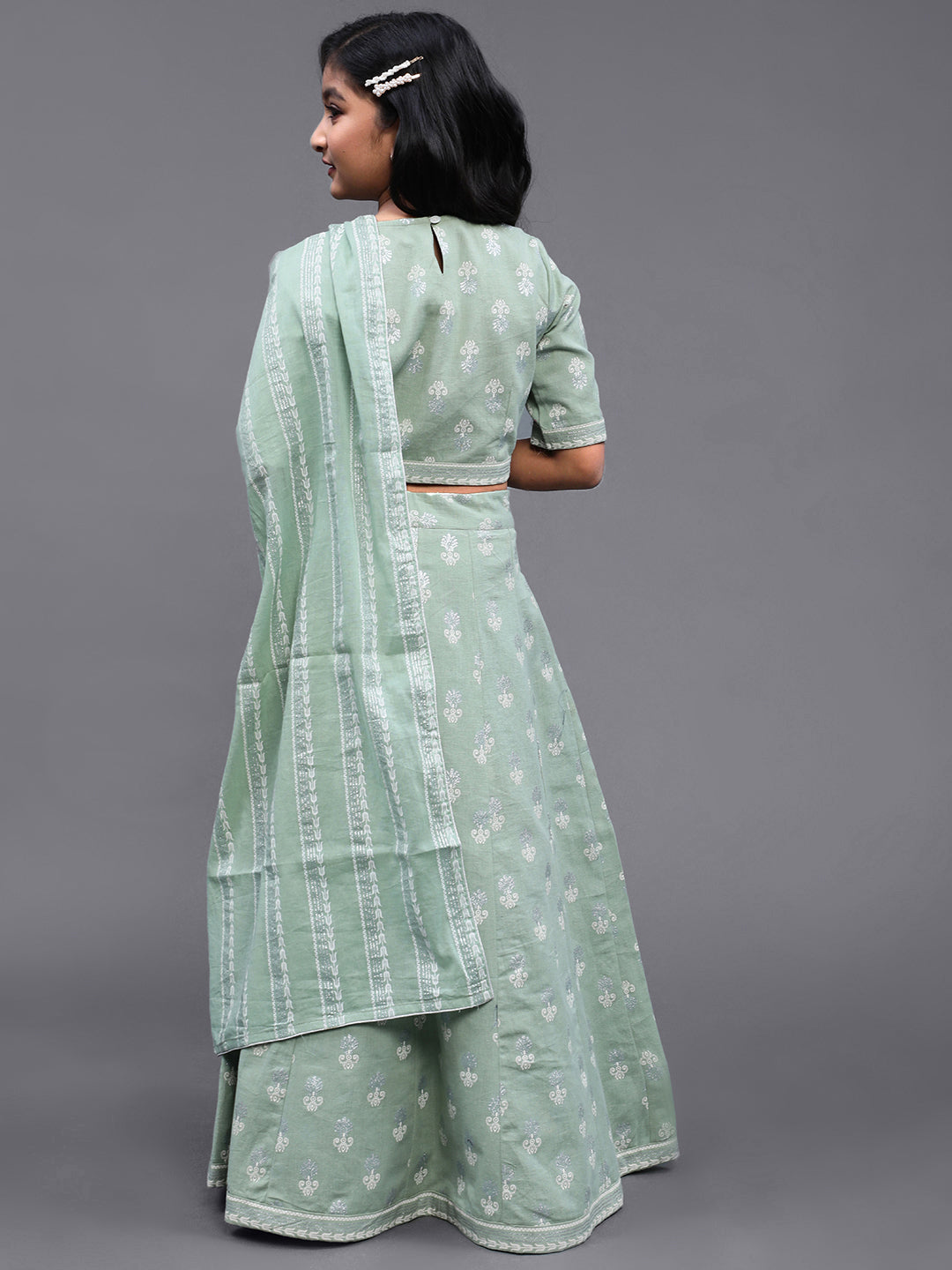 Pastel Green Khari Print Lehenga Choli With Dupatta