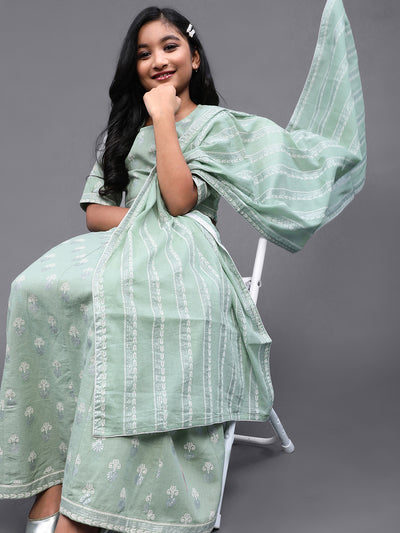 Pastel Green Khari Print Lehenga Choli With Dupatta