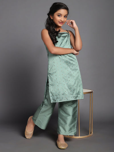 Green Dobby Woven Design Kurta With Palazzo