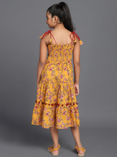 Mustard Floral Print Tiered Midi Dress