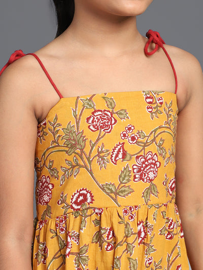 Mustard Floral Print Tiered Midi Dress