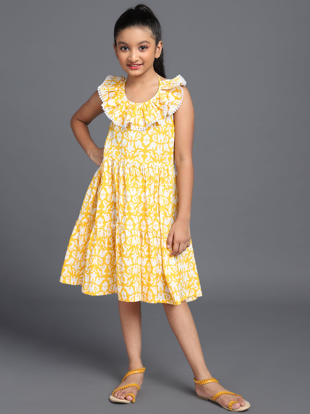 Yellow Floral Print Tiered Midi Dress