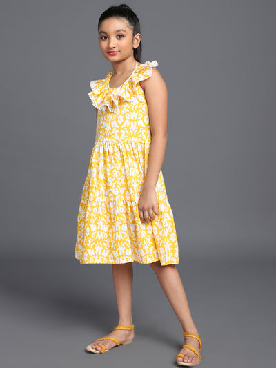 Yellow Floral Print Tiered Midi Dress