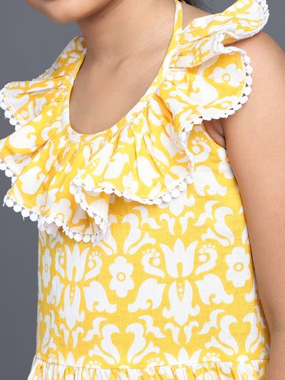 Yellow Floral Print Tiered Midi Dress