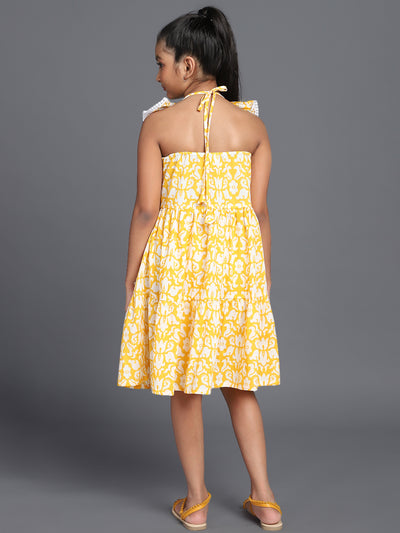 Yellow Floral Print Tiered Midi Dress