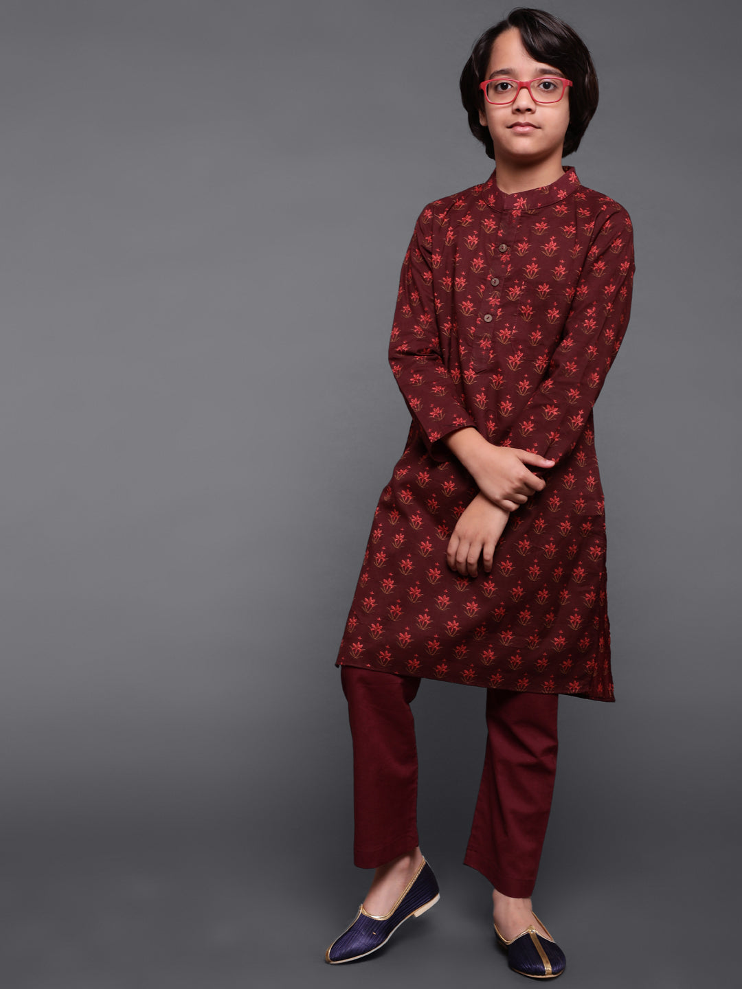 Maroon Floral Print Kurta With Pyjama