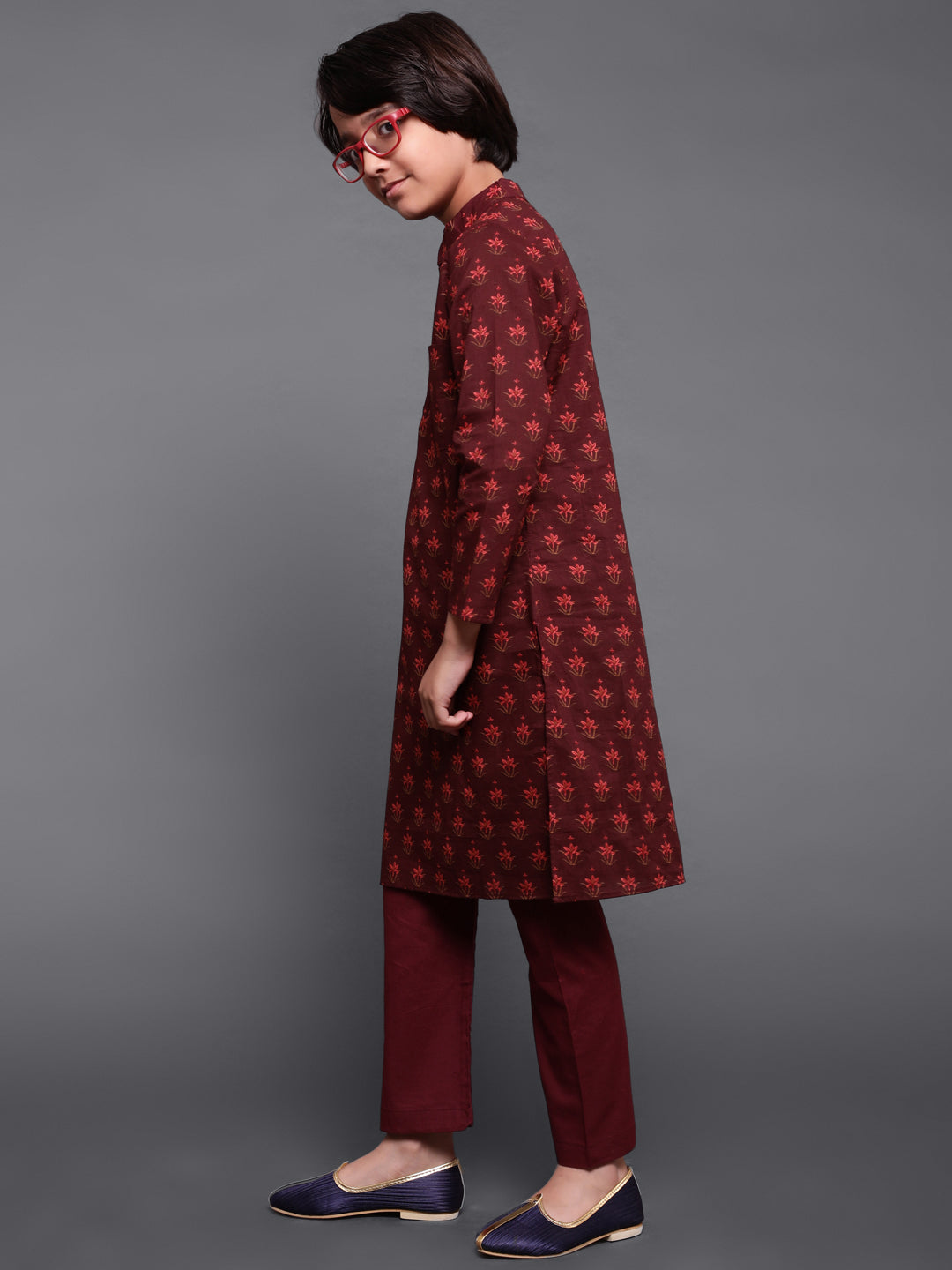 Maroon Floral Print Kurta With Pyjama