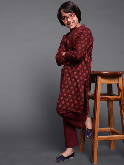 Maroon Floral Print Kurta With Pyjama