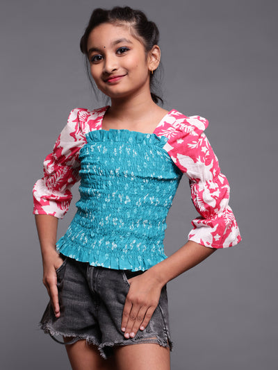 Blue & Pink Bandhani Print Smoking Top