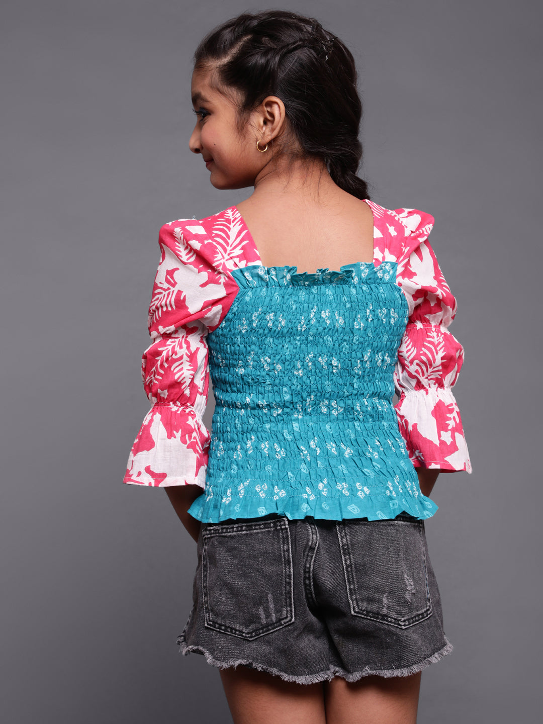 Blue & Pink Bandhani Print Smoking Top