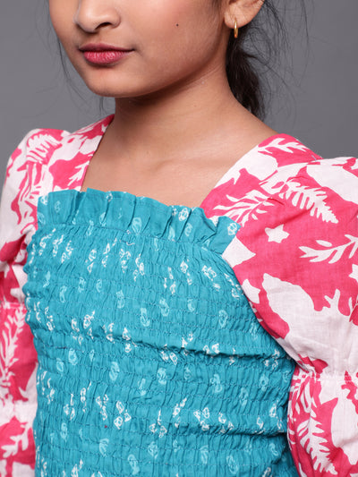 Blue & Pink Bandhani Print Smoking Top