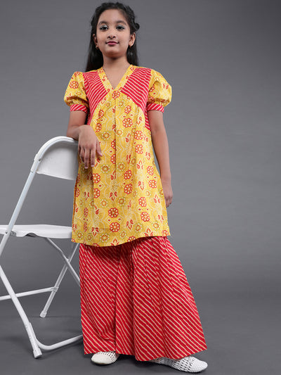 Yellow Floral Print Kurta With Palazzo