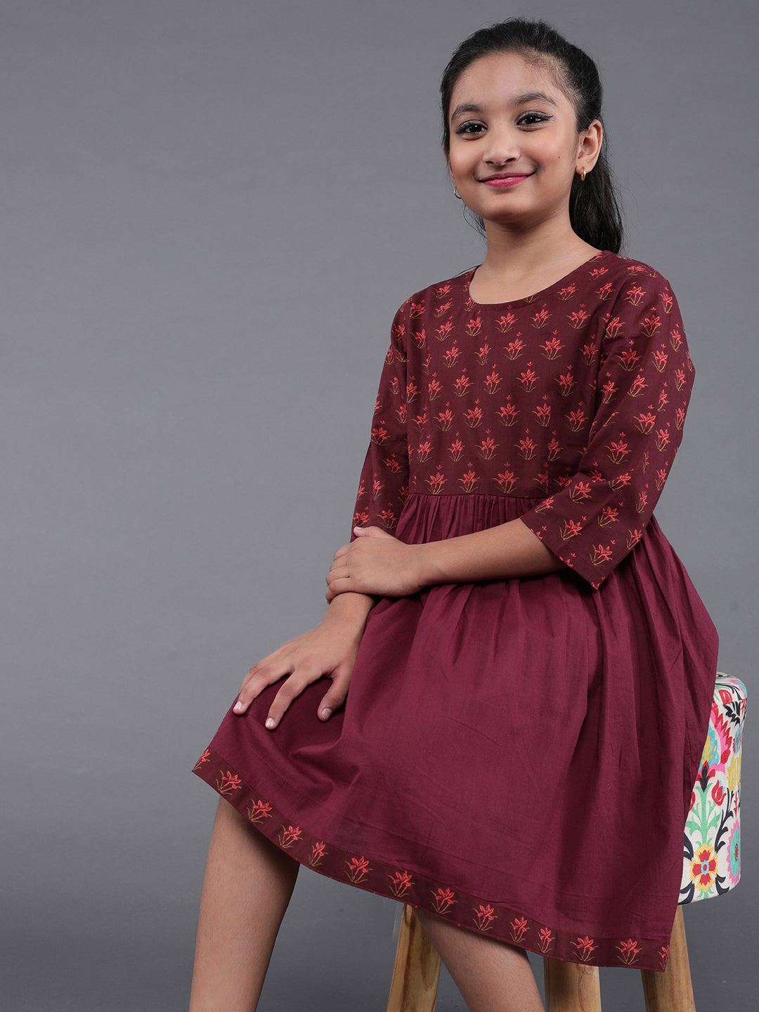 Maroon Floral Print Fit And Flare Dress