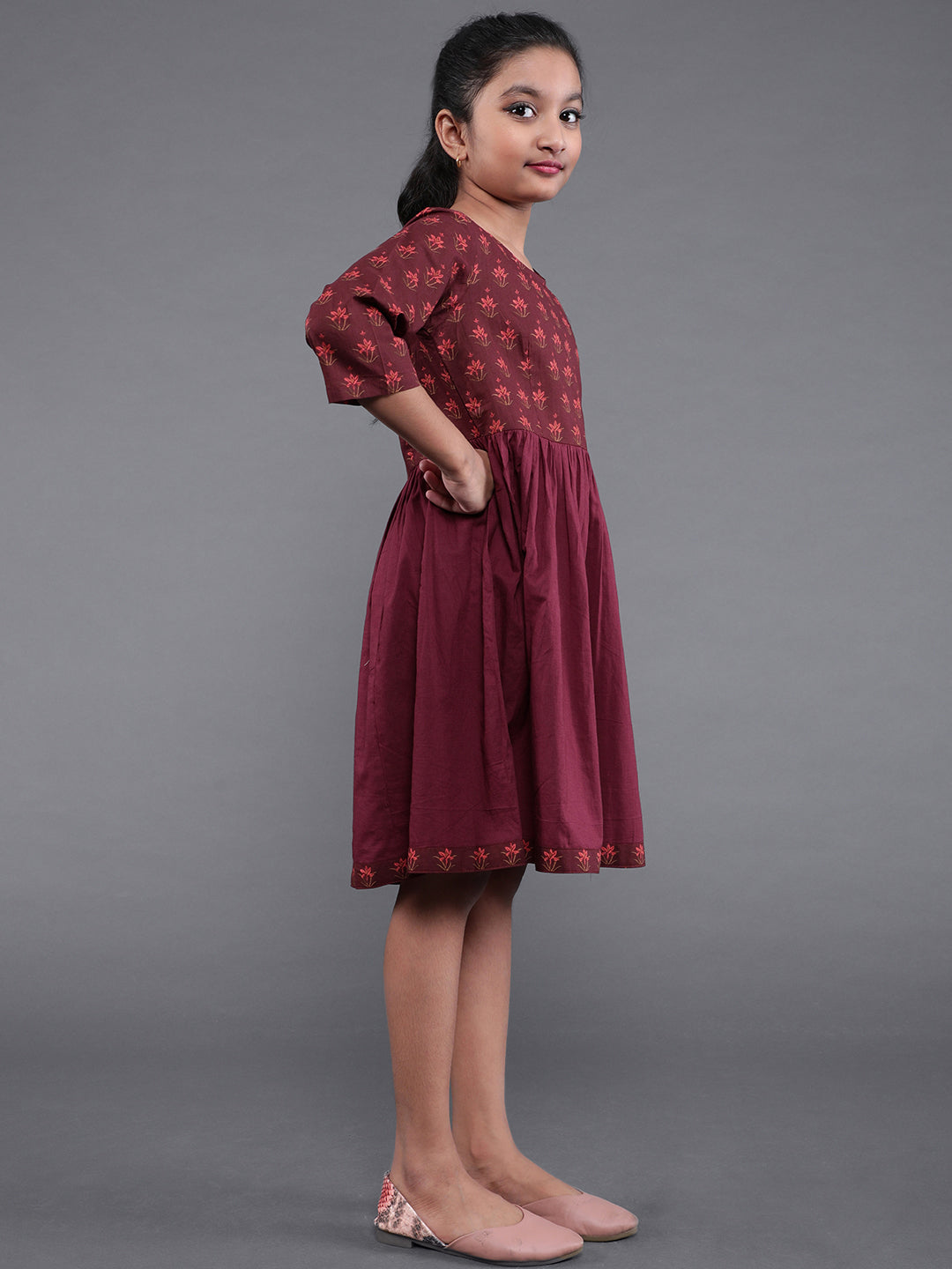 Maroon Floral Print Fit And Flare Dress