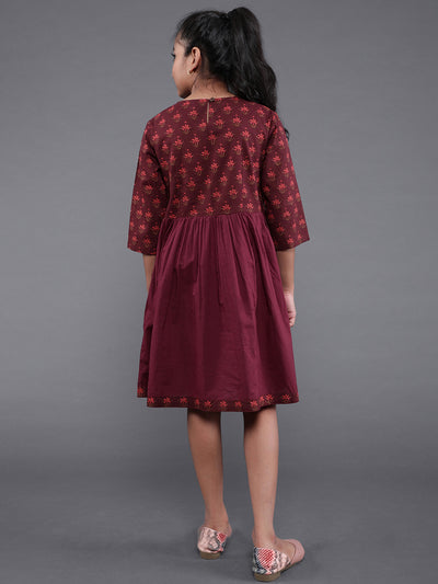 Maroon Floral Print Fit And Flare Dress