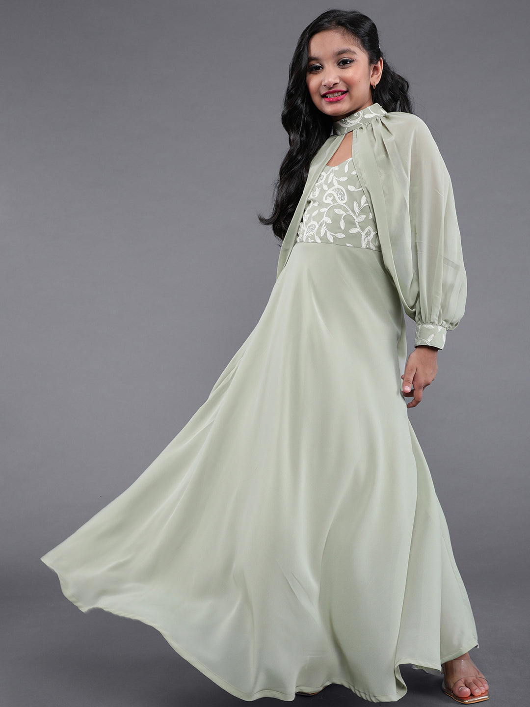 Green Embroidered Gown Dress
