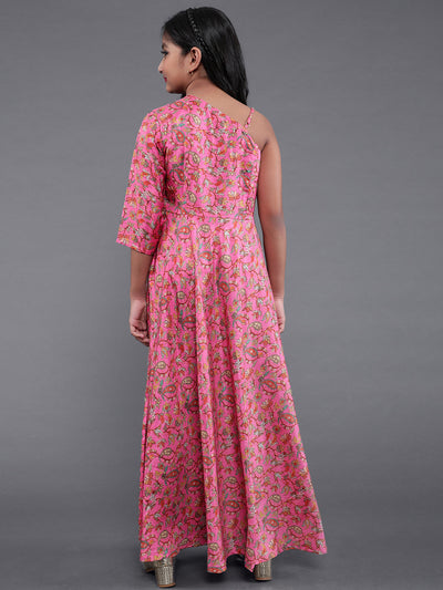 Pink Ethnic Motif Print Maxi Dress Mother Daughter Combo