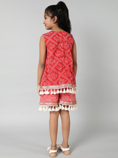 Red Printed Playsuit With Embroidery