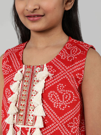 Red Printed Playsuit With Embroidery