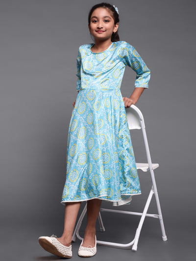 Turquoise Blue Bandhani Print Flared Dress