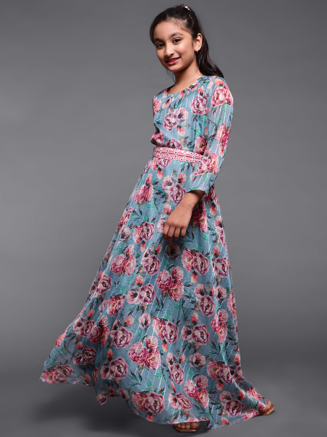 Blue Floral Print Flared Maxi With Mirror Work Belt