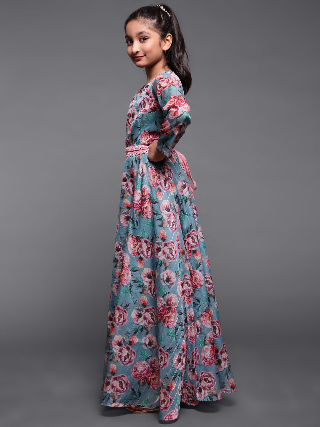 Blue Floral Print Flared Maxi With Mirror Work Belt