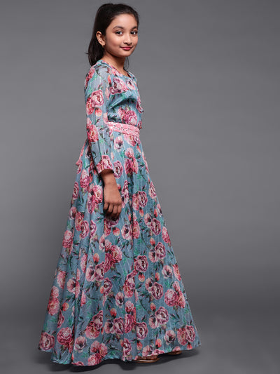 Blue Floral Print Flared Maxi With Mirror Work Belt