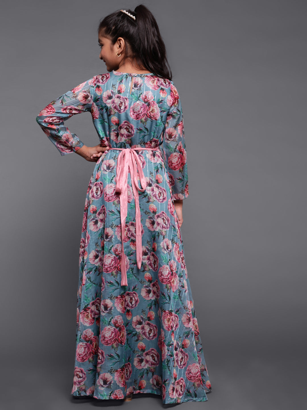 Blue Floral Print Flared Maxi With Mirror Work Belt