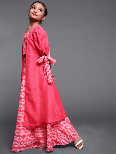 Pink Floral Print Lehenga Choli With Solid Jacket