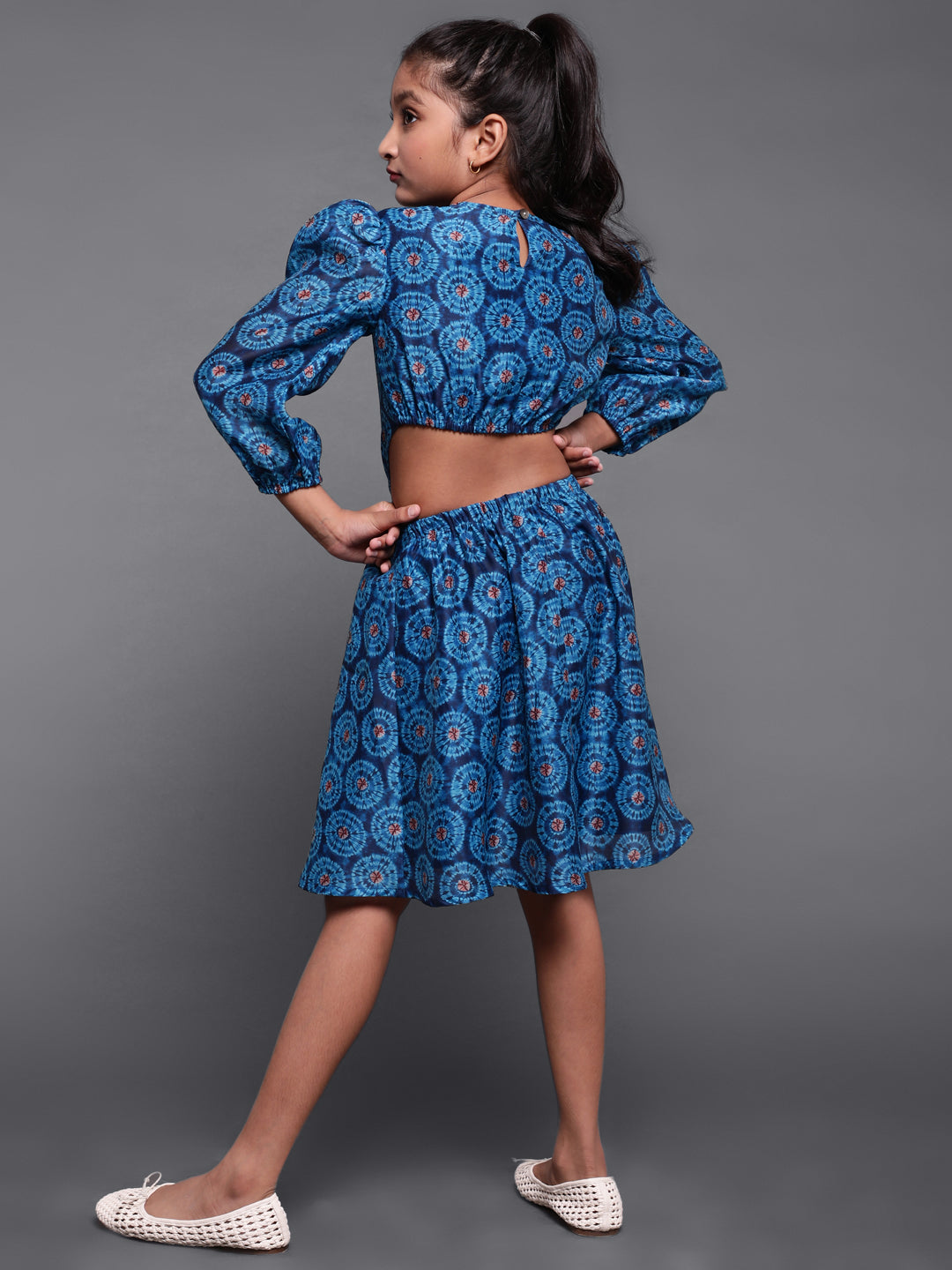 Blue Digital Print Cut-Out Skater Dress