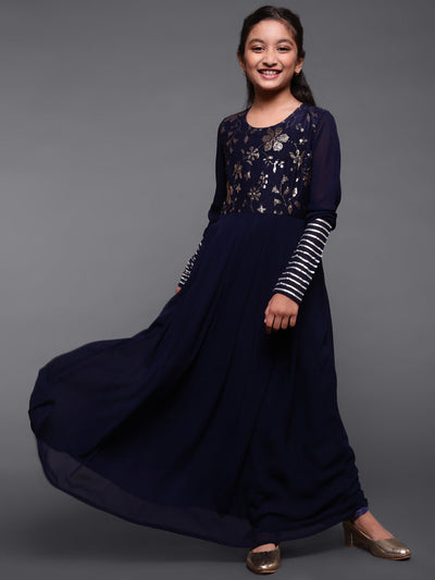 Navy Blue Embroidered Maxi Dress Mother Daughter Combo
