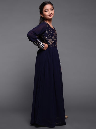 Navy Blue Sequin Box Pleated Maxi Dress